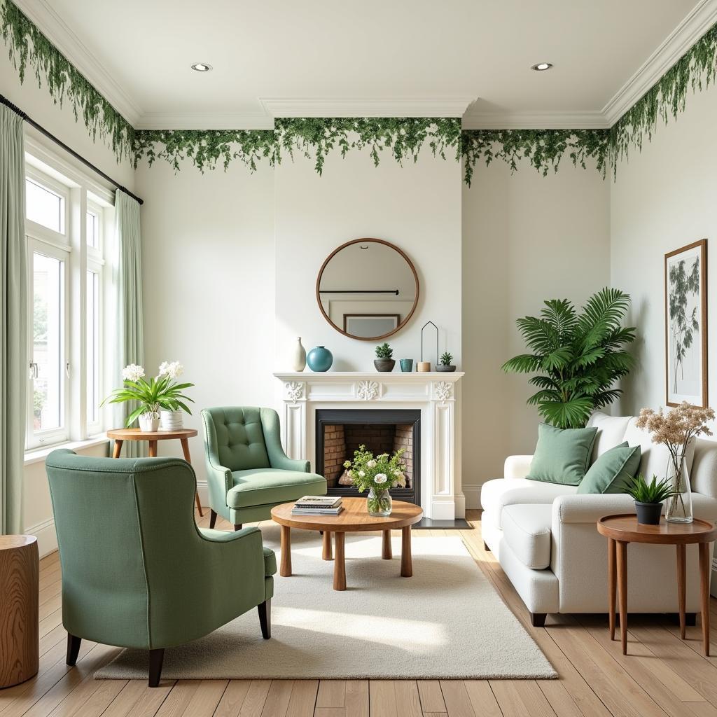 Living Room Decorated with Ivy Pattern Wallpaper