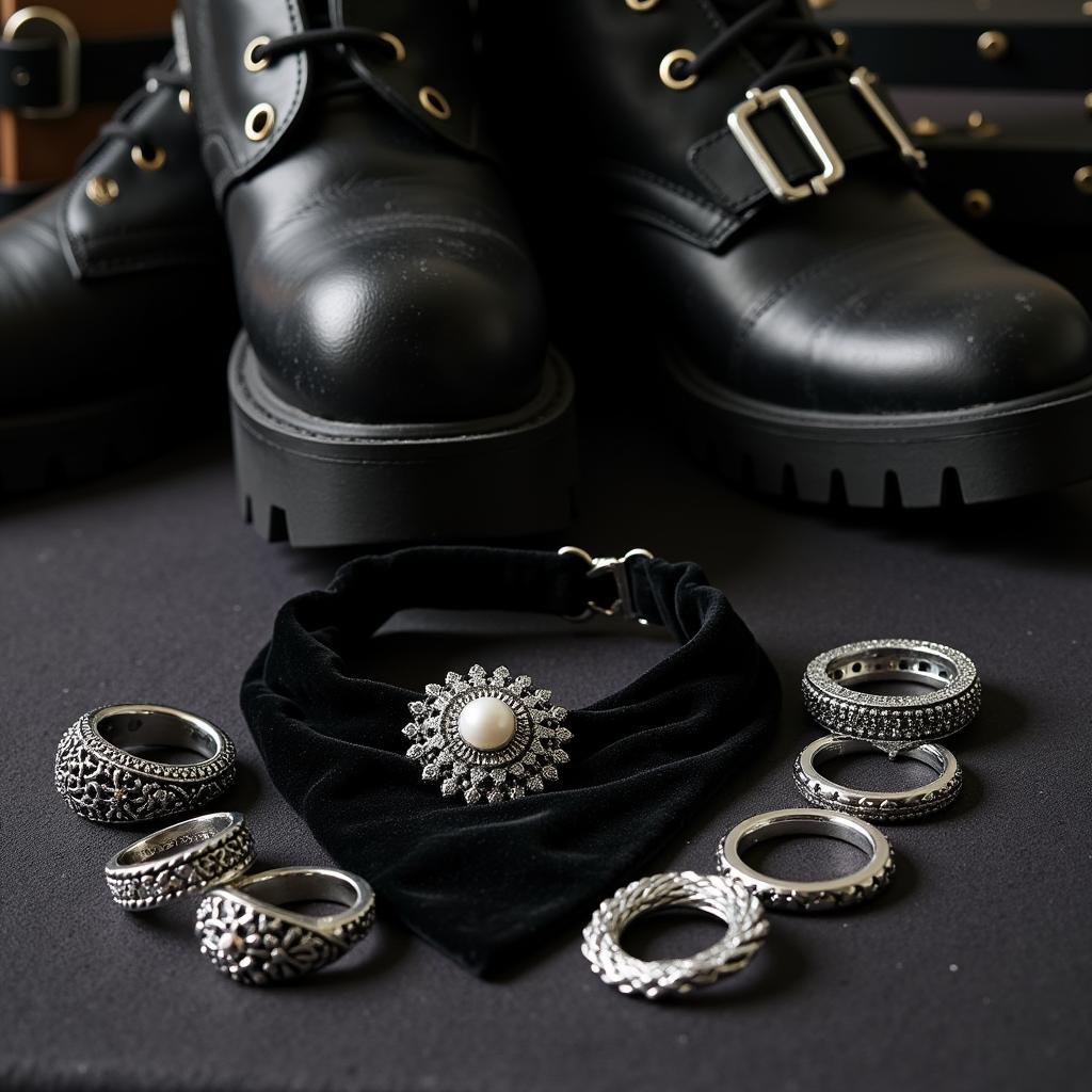 Gothic accessories: Silver jewelry, chokers, and platform boots