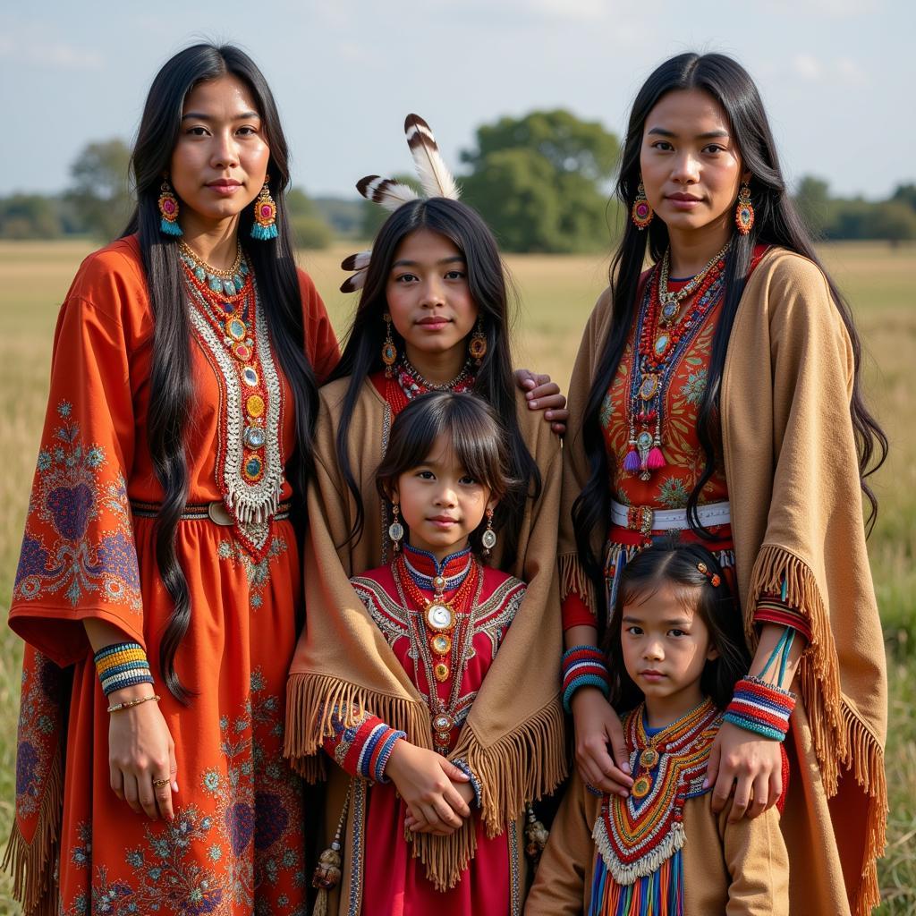 Native American Women and Children in Traditional Dress