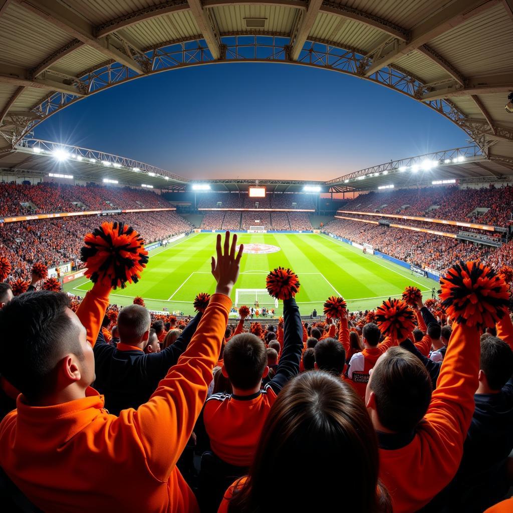 The electrifying sight of orange and black pom poms held high by a roaring crowd