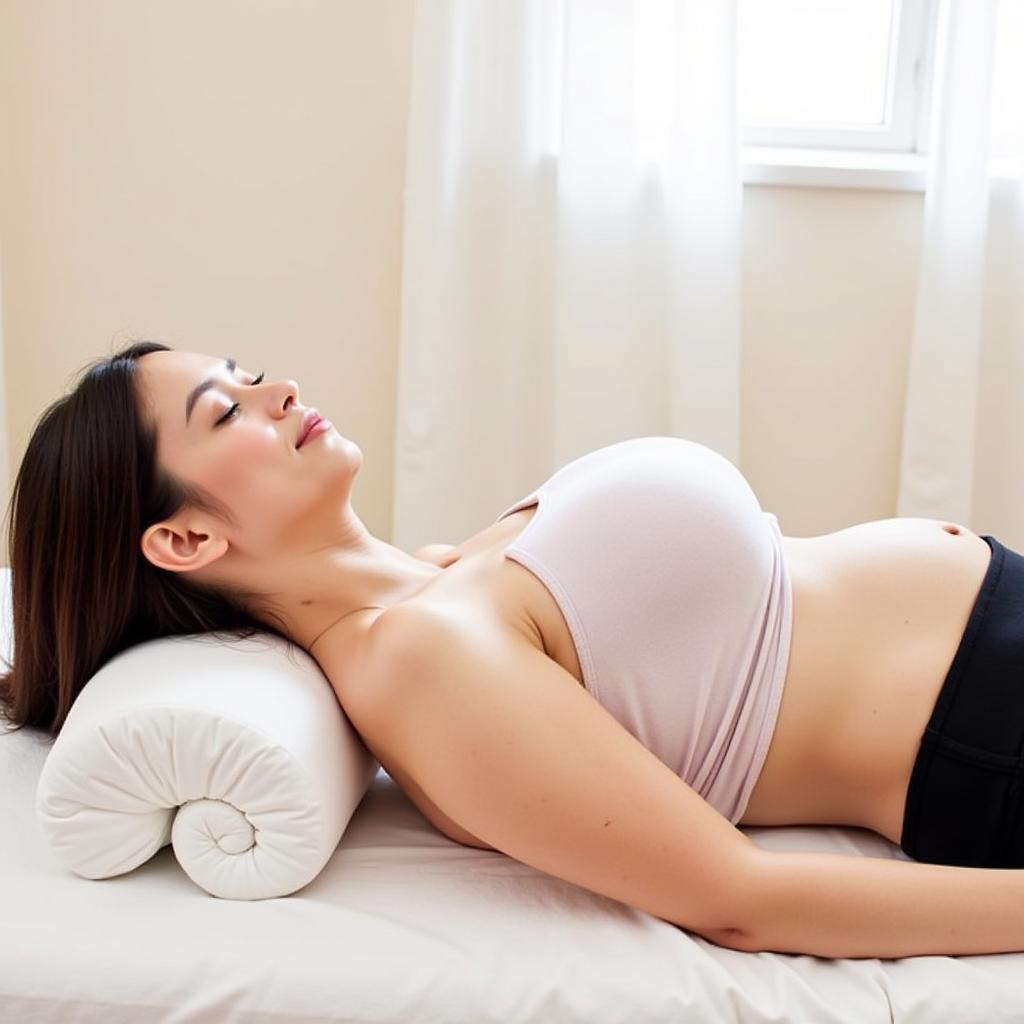 Pregnant woman using a breast pillow during a massage