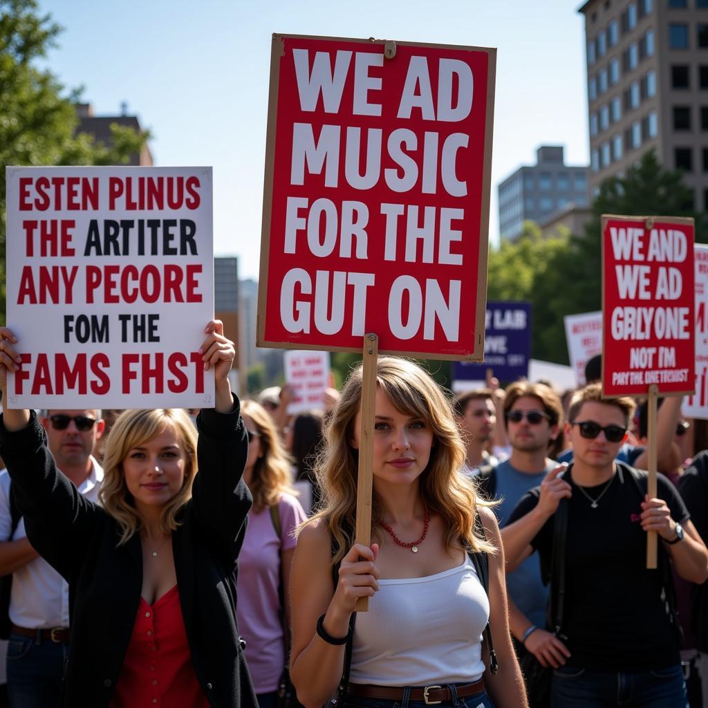 Protesters holding signs supporting Taylor Swift