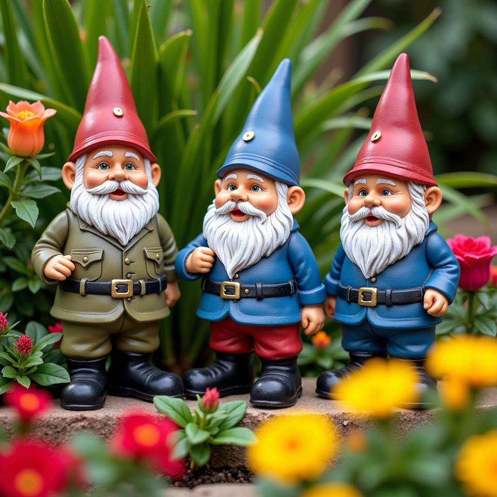 Military Garden Gnomes in a Lush Garden