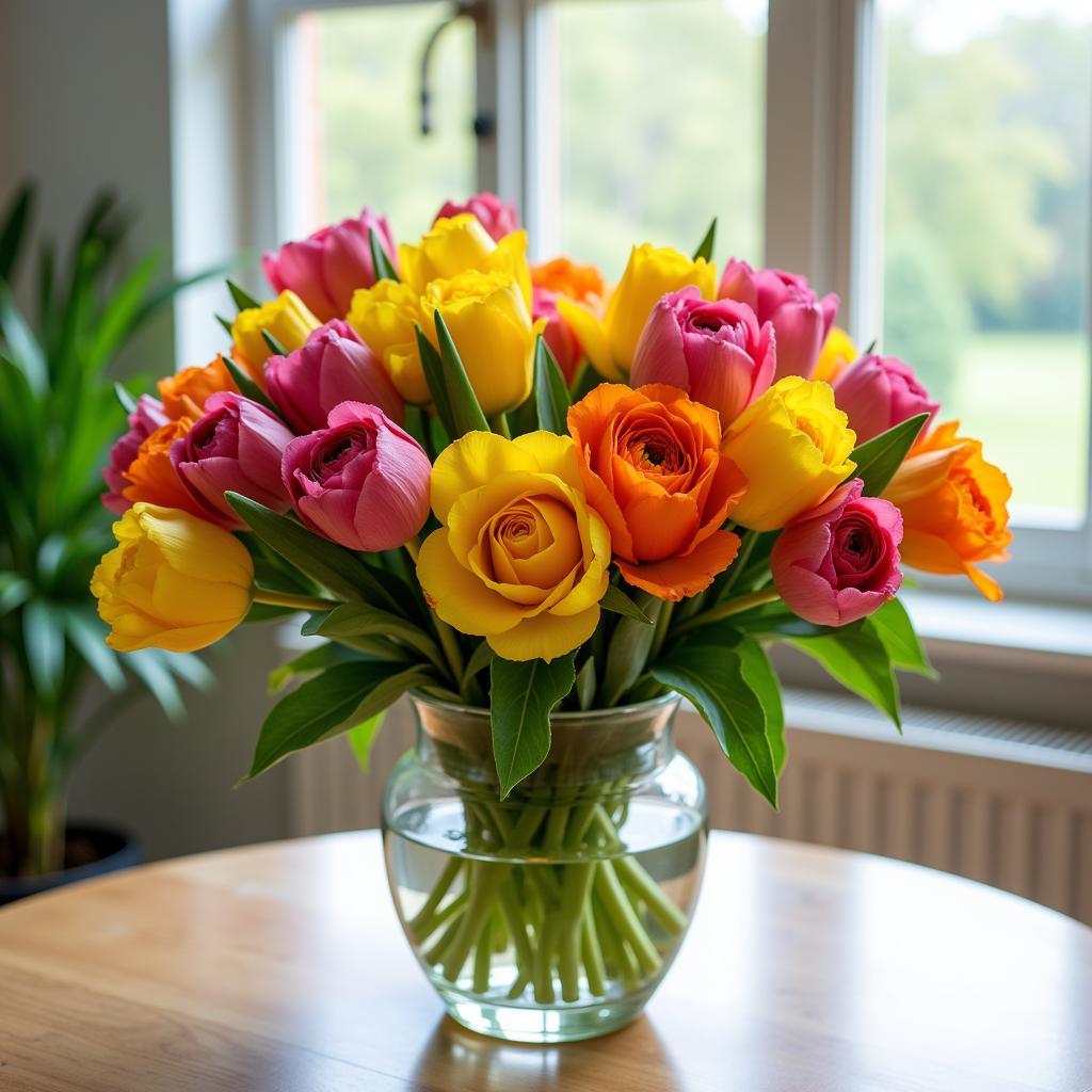 Ramo de flores coloridas en un florero sobre una mesa