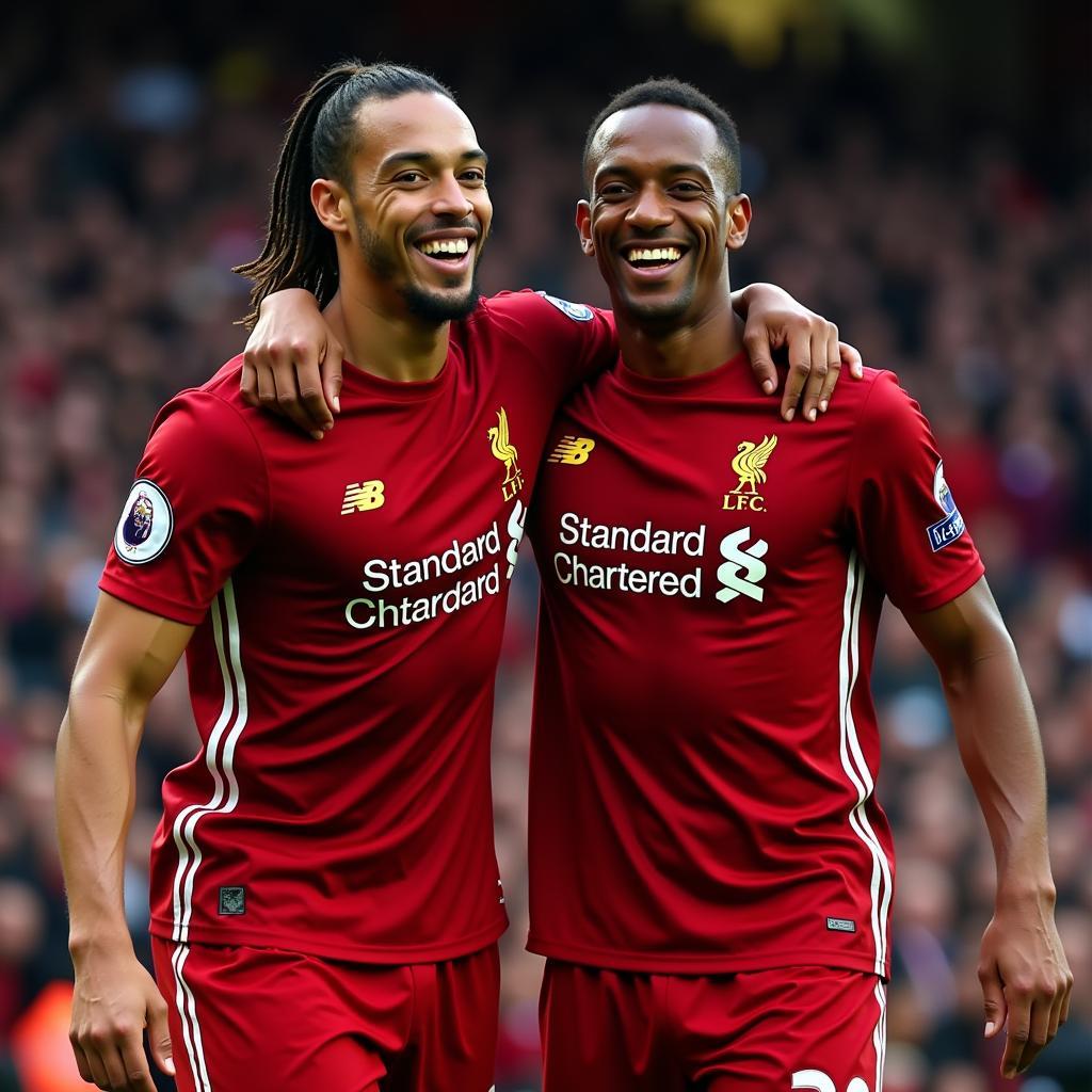 Virgil van Dijk và Joel Matip ăn mừng chiến thắng cùng Liverpool