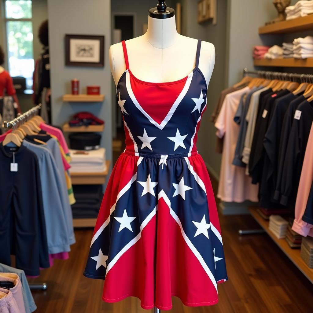 Rebel flag dress displayed on a mannequin in a clothing store