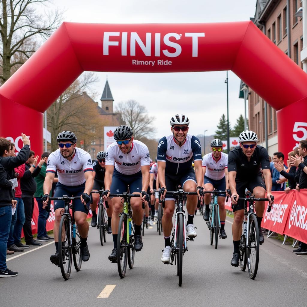 Cyclists crossing the finish line at the Red Poppy Ride