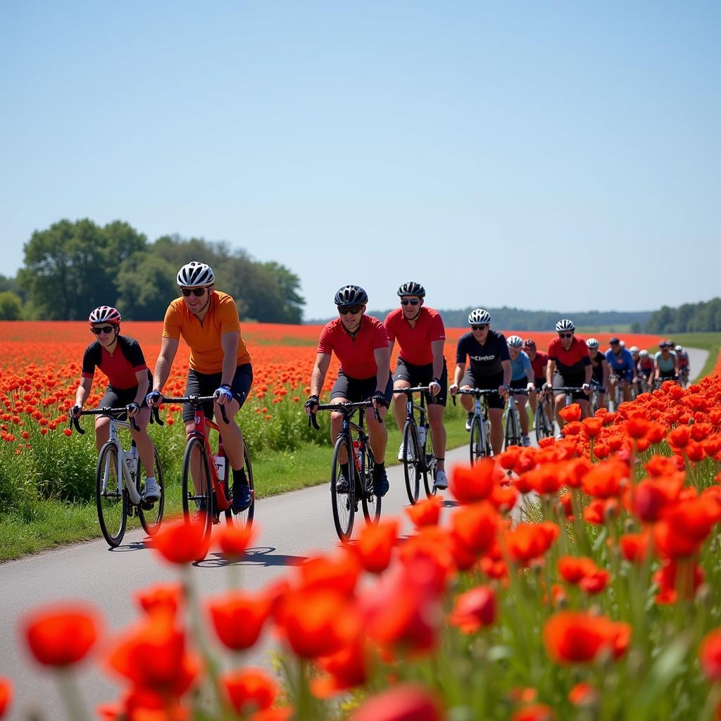 Cyclists riding through a field of red poppies