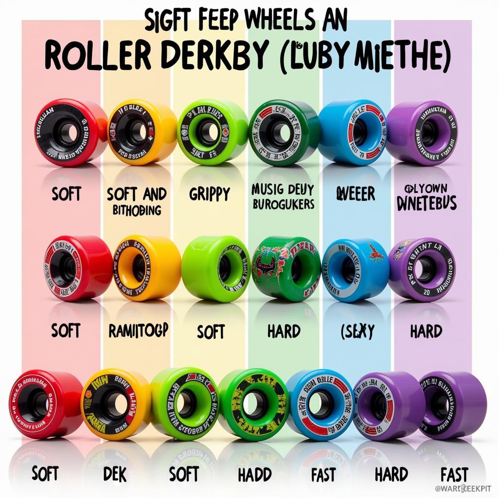 A selection of roller derby wheels in various colors and durometers, illustrating the range of options available.