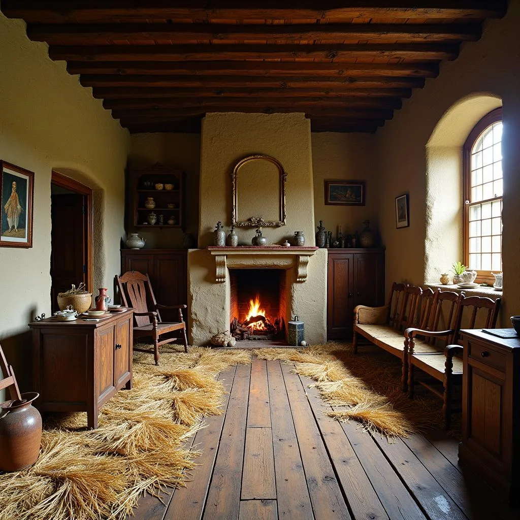 Rush-strewn floor in a medieval home