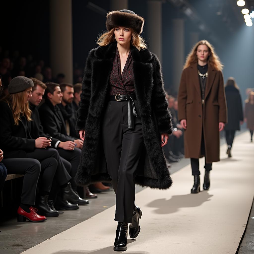 Models showcase a collection of modern Russian fur hats on the runway