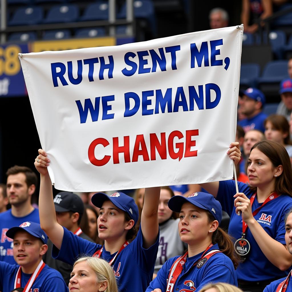 Fans holding up a banner that reads "Ruth Sent Me - We Demand Change"