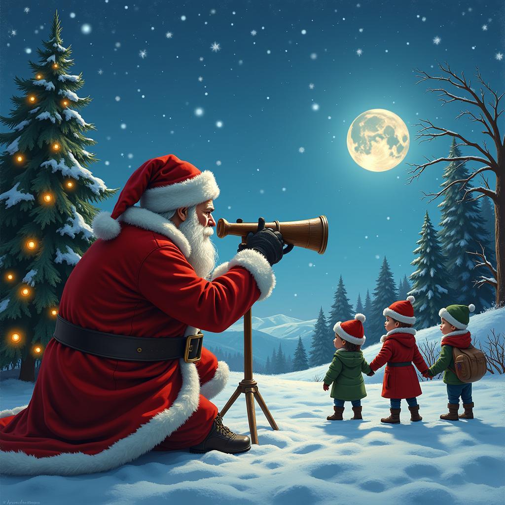 Santa Claus watching children with a telescope