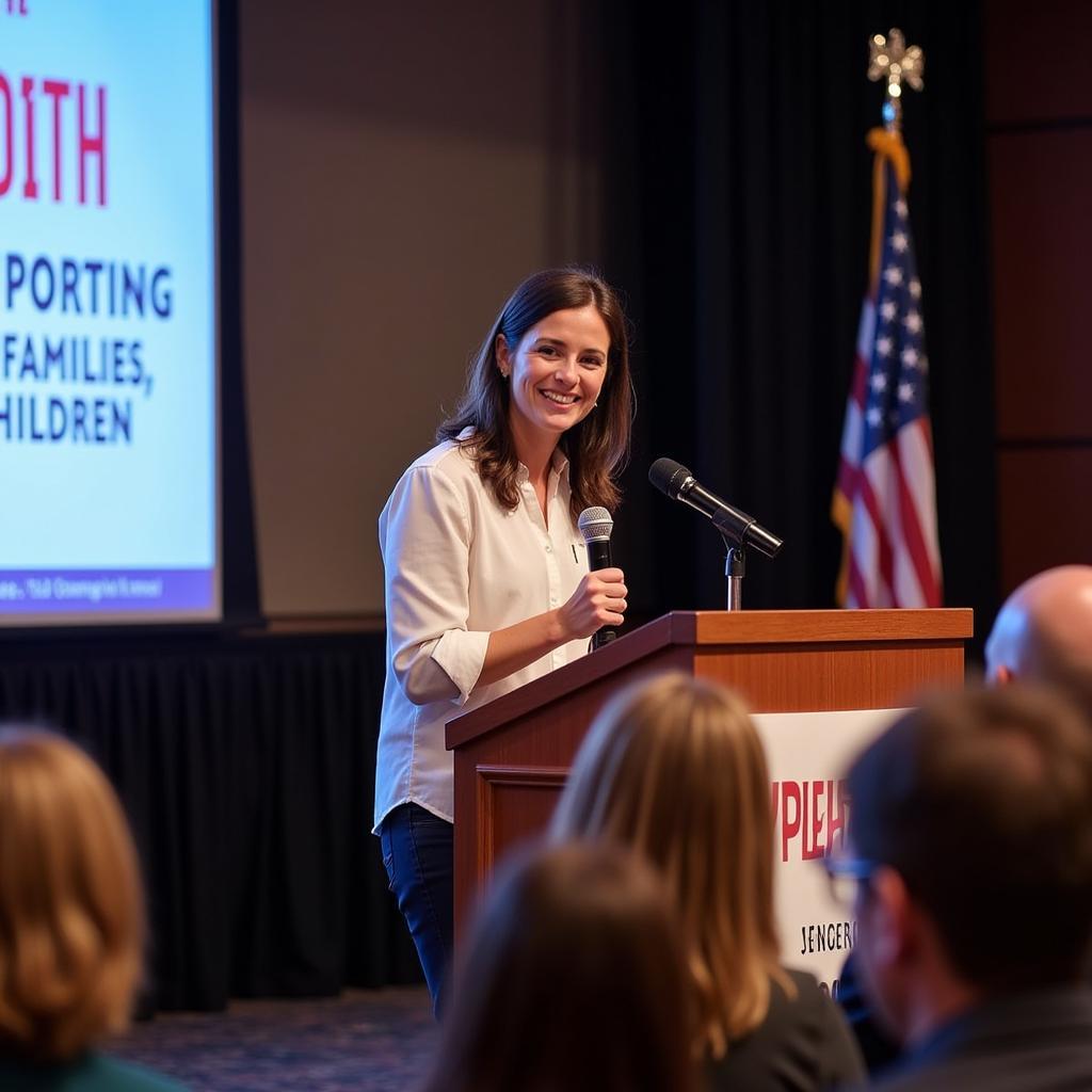 Sarah DeSantis speaking at an advocacy event