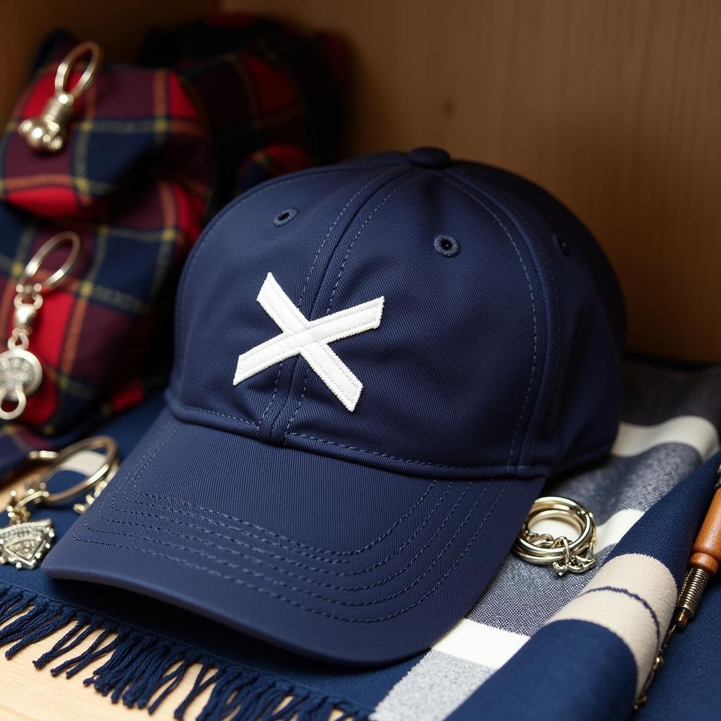 Scotland baseball hat displayed on a shelf with other Scottish memorabilia