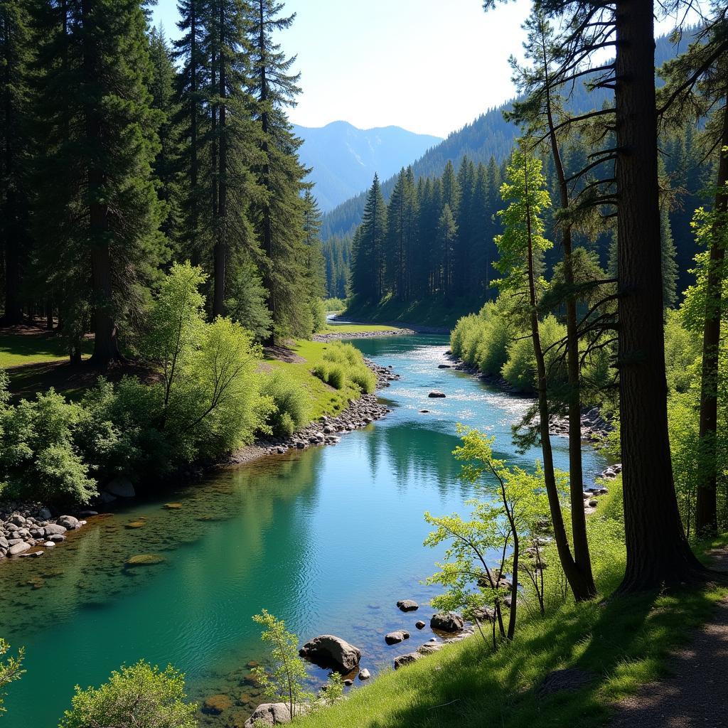 Selway River flowing through a lush green forest in Idaho wilderness