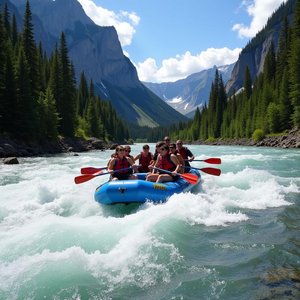 A group of people rafting down the Selway River