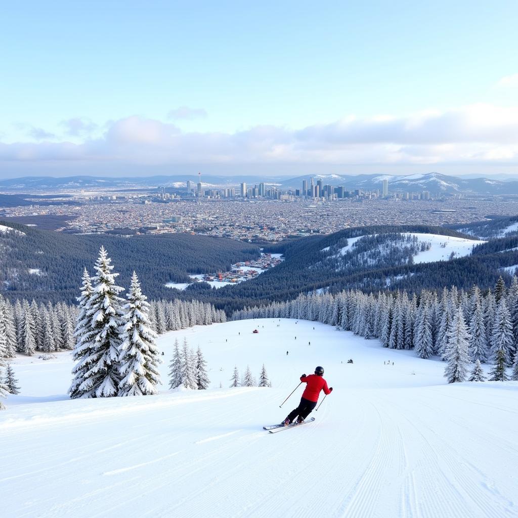 Skiing with the Vienna skyline in the background.