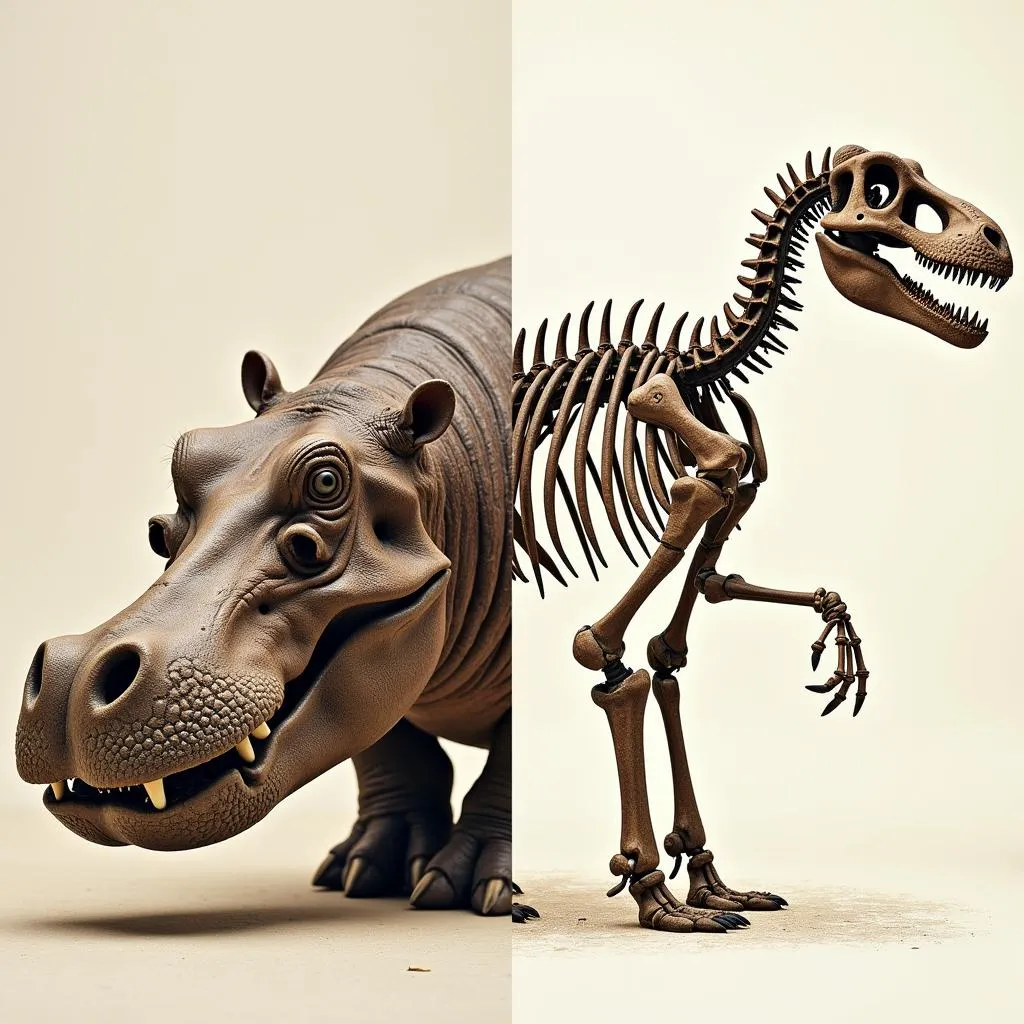 Comparison of Hippopotamus Skull and Dinosaur Skeleton