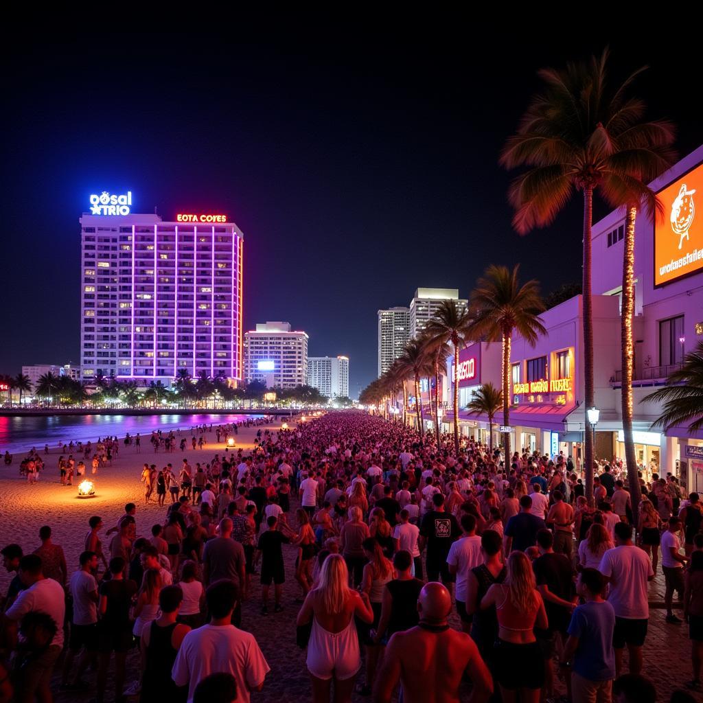 South Beach Miami về đêm lung linh ánh đèn, nhộn nhịp du khách và các hoạt động giải trí.