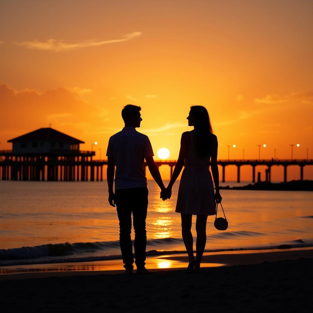 Couple holding hands, silhouetted against a vibrant sunset over the ocean with St. Pete Pier in the background