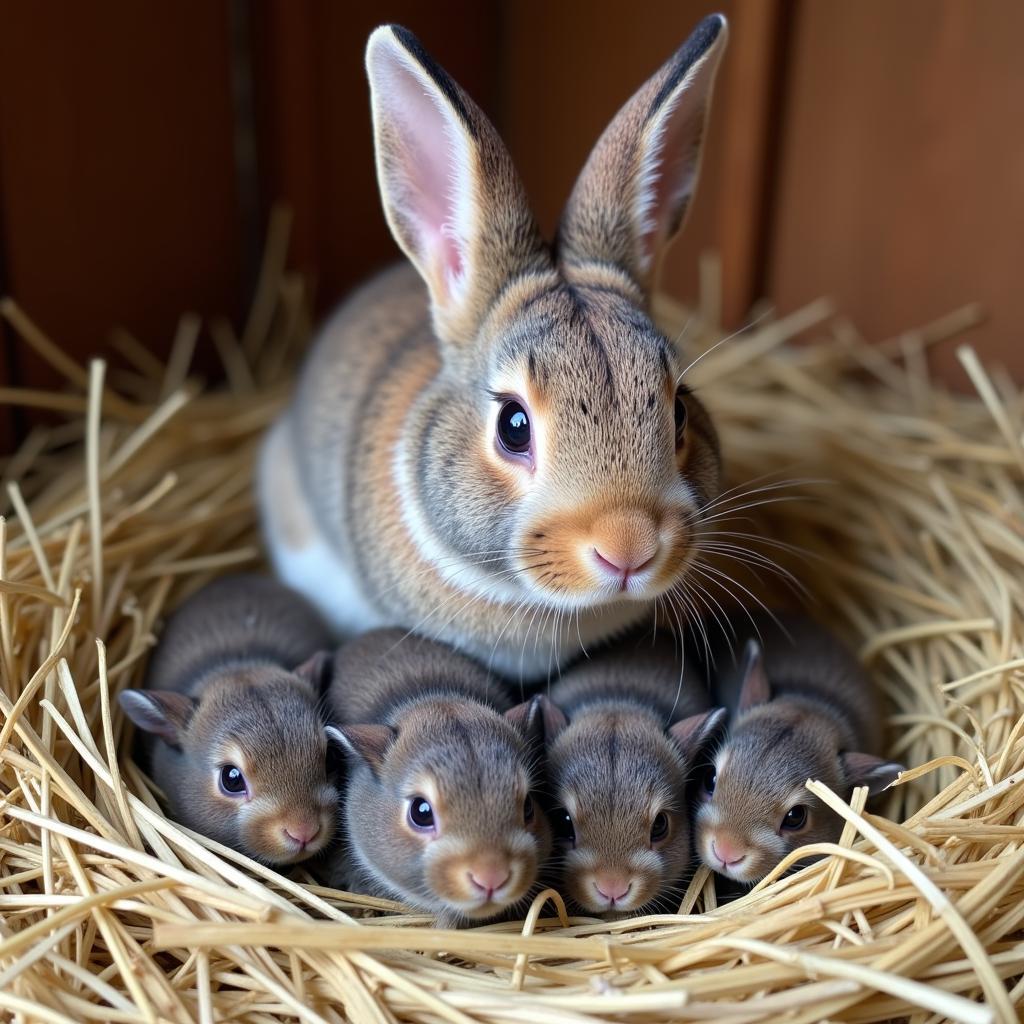 Staffordshire rabbit with its litter