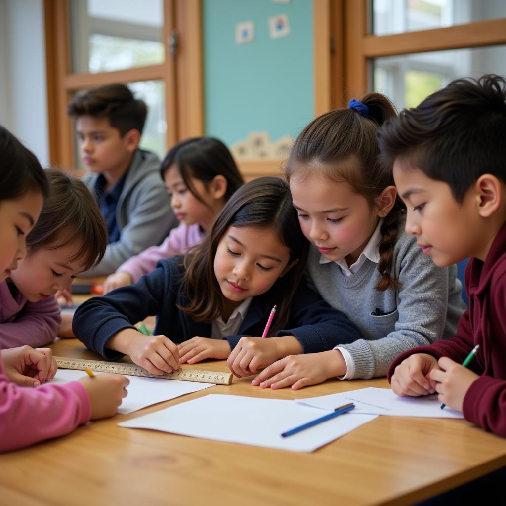 Students using rulers in a classroom