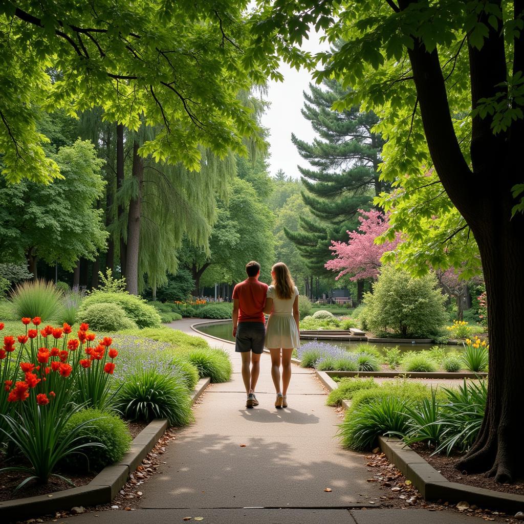 Couple walking along a lush pathway in Sunken Gardens, surrounded by vibrant flowers and cascading waterfalls.