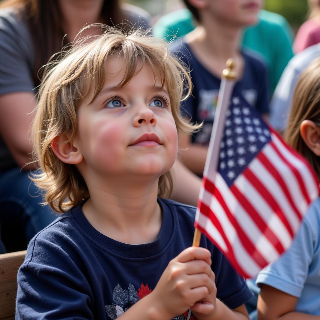 A child holding an American flag at the Sussex Memorial Day Parade