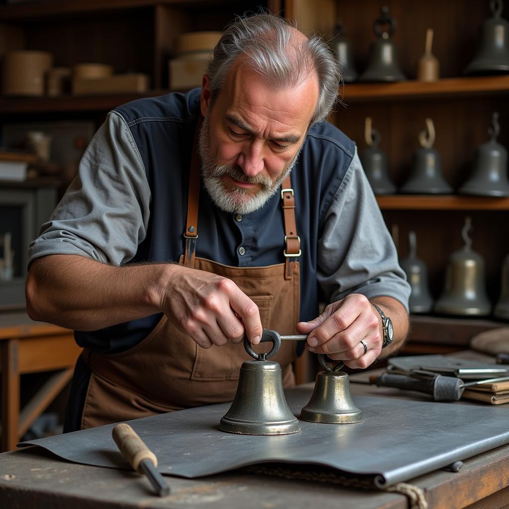 Swiss craftsman meticulously handcrafting a cow bell