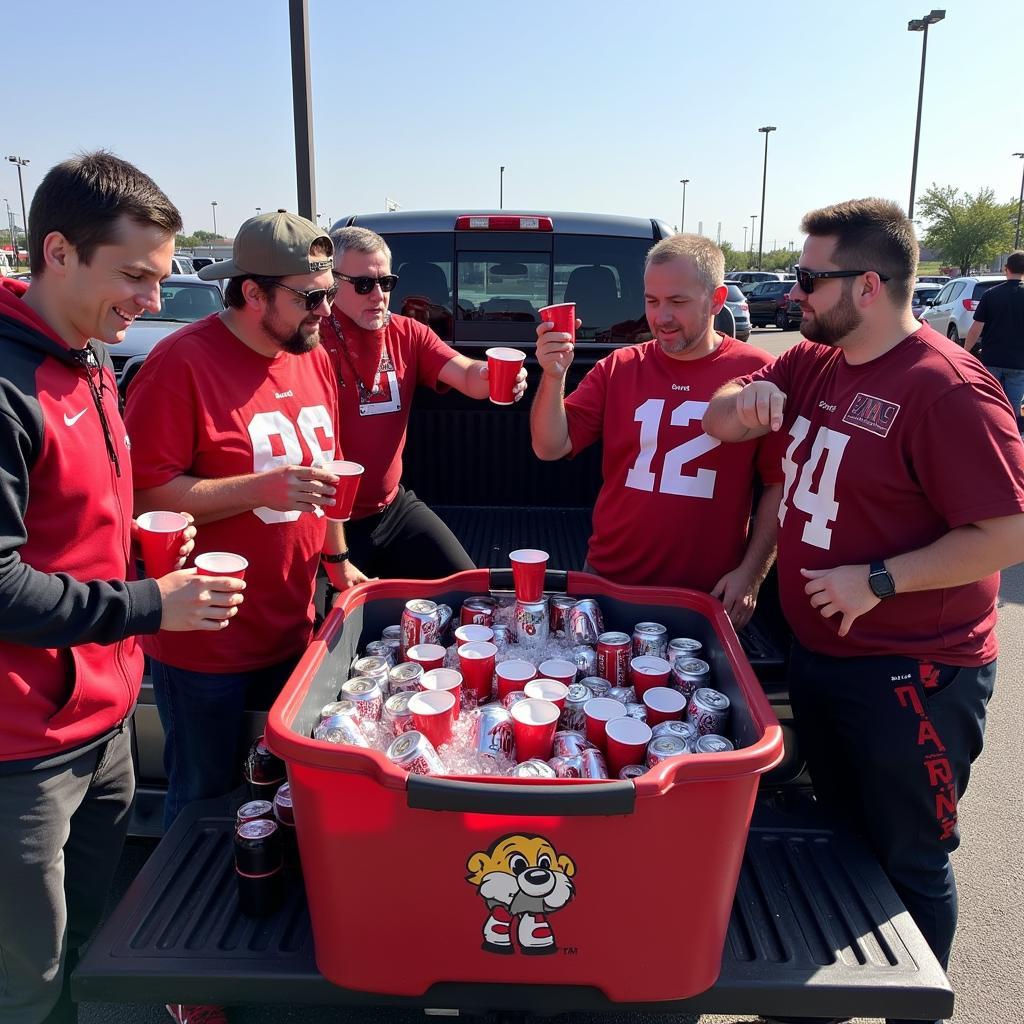 Fans enjoying beers from a bin at a tailgate party