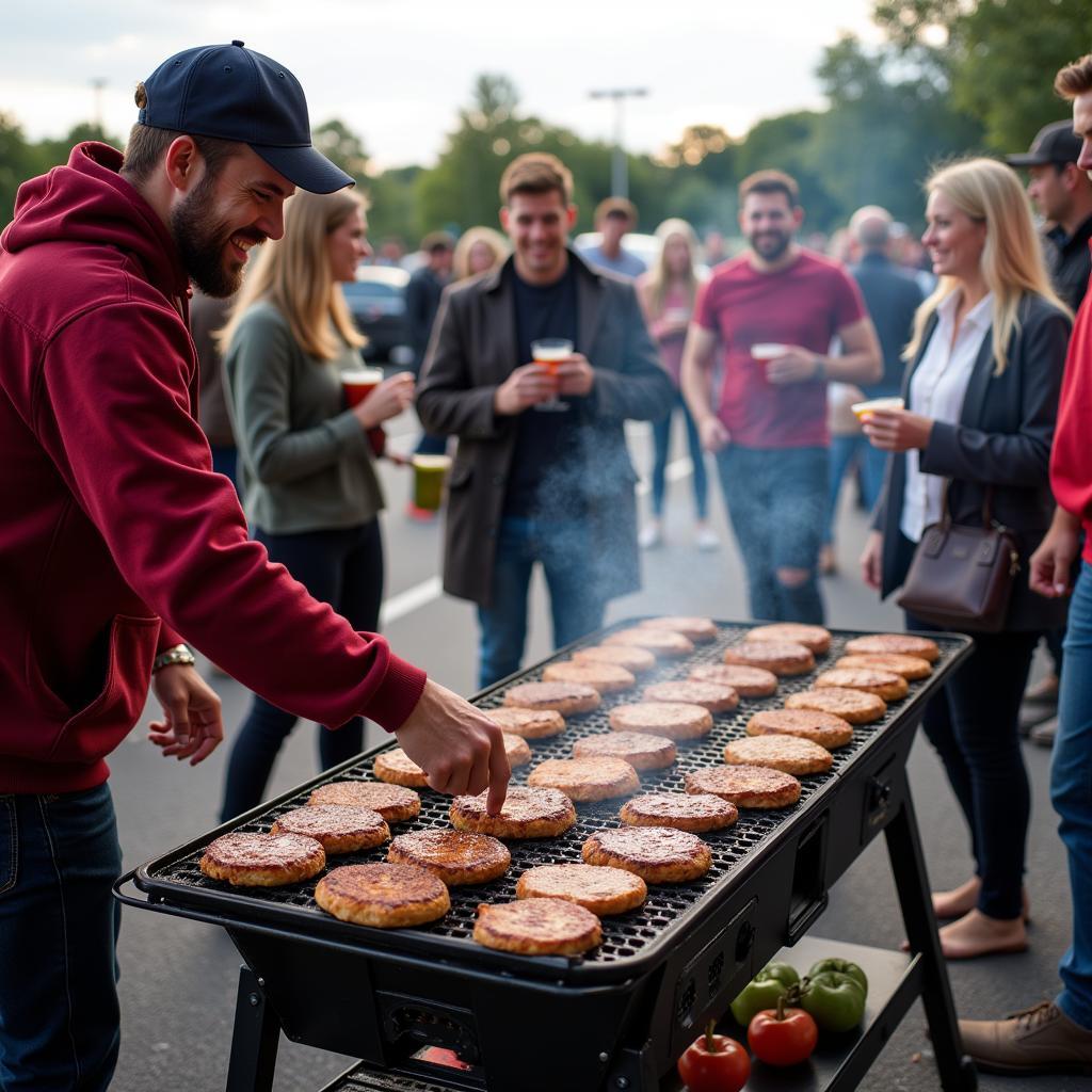 Tailgate party with burgers grilling on a portable barbecue