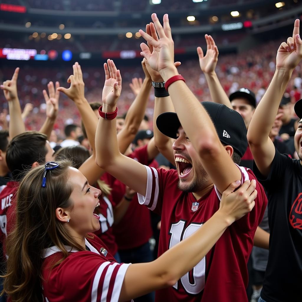 Fans celebrating a touchdown at a tailgate party