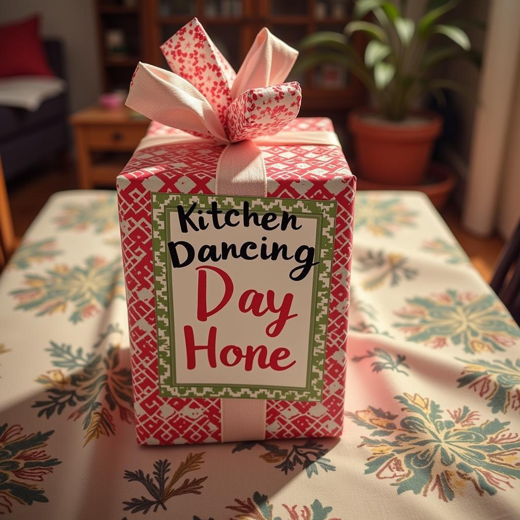 Kitchen Dancing Sign as a Gift: A beautifully wrapped gift box with a "Kitchen Dancing" sign peeking out from the top.