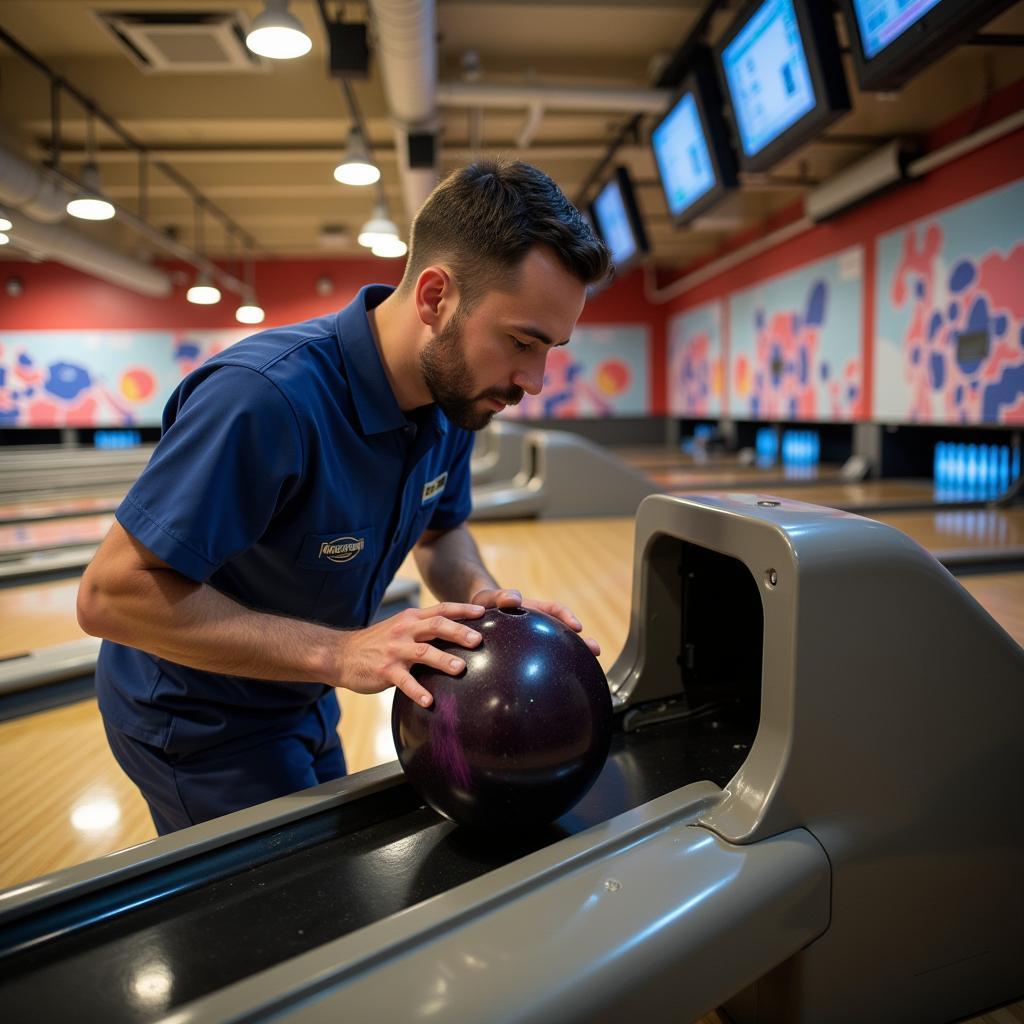 A technician performing maintenance on a bowling machine