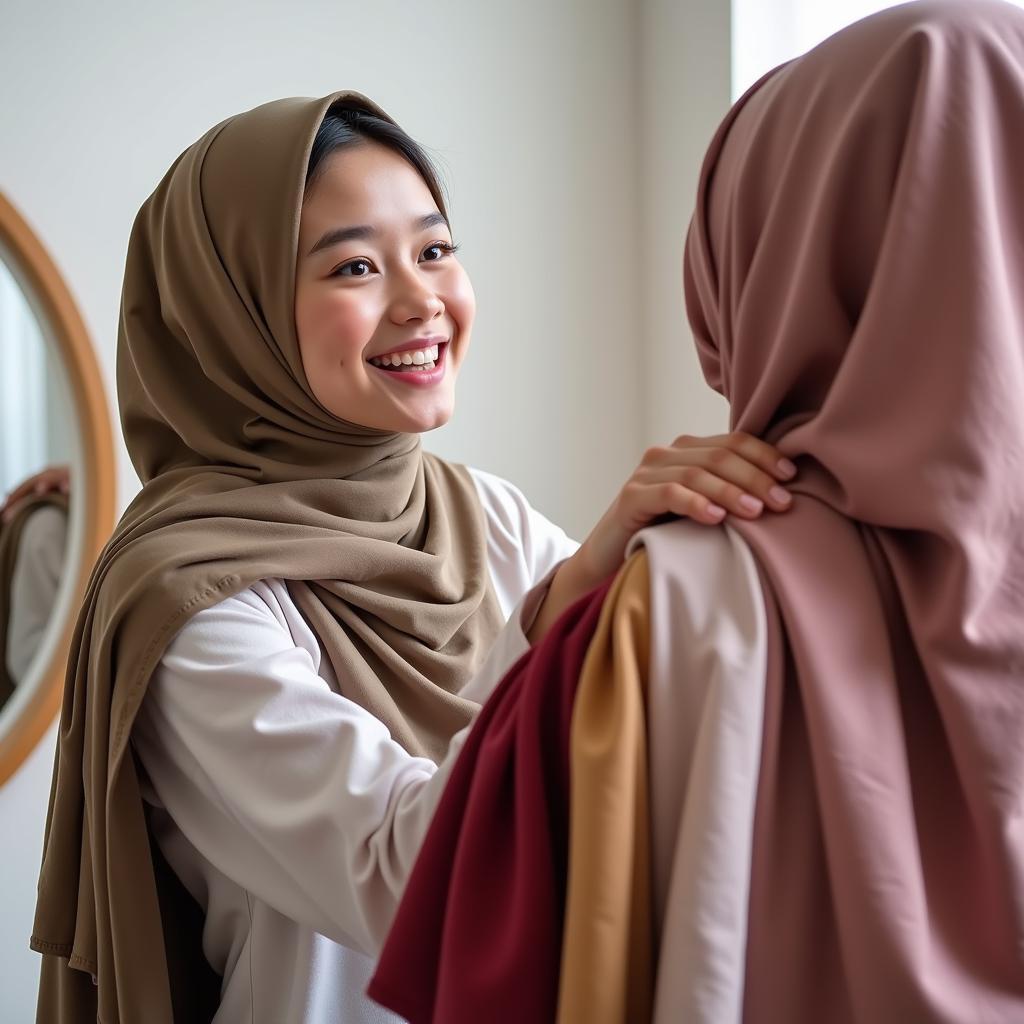 A teenage girl smiling while choosing between different hijab styles