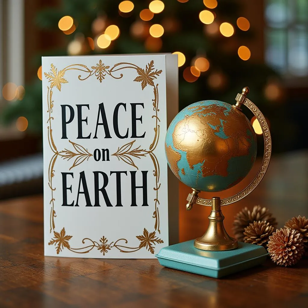 Thiệp Giáng Sinh &quot;Peace on Earth&quot; với hình ảnh quả cầu Trái đất màu vàng