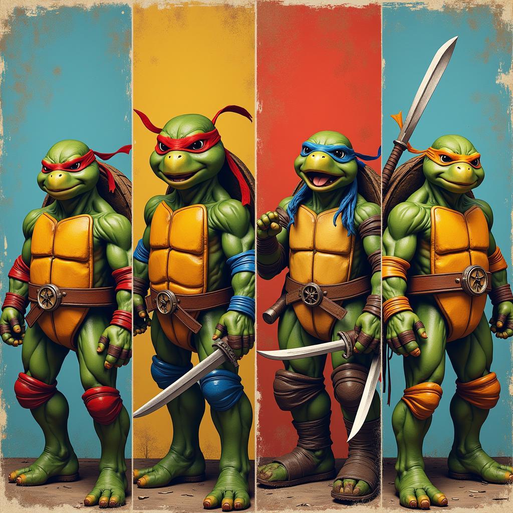 Individual character posters of the four Ninja Turtles - Leonardo, Donatello, Raphael, and Michelangelo