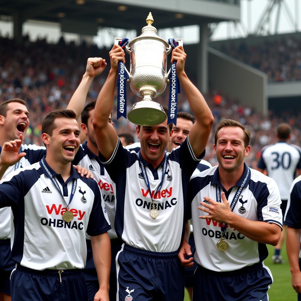 Tottenham Hotspur players celebrating in their 1999 championship shirts