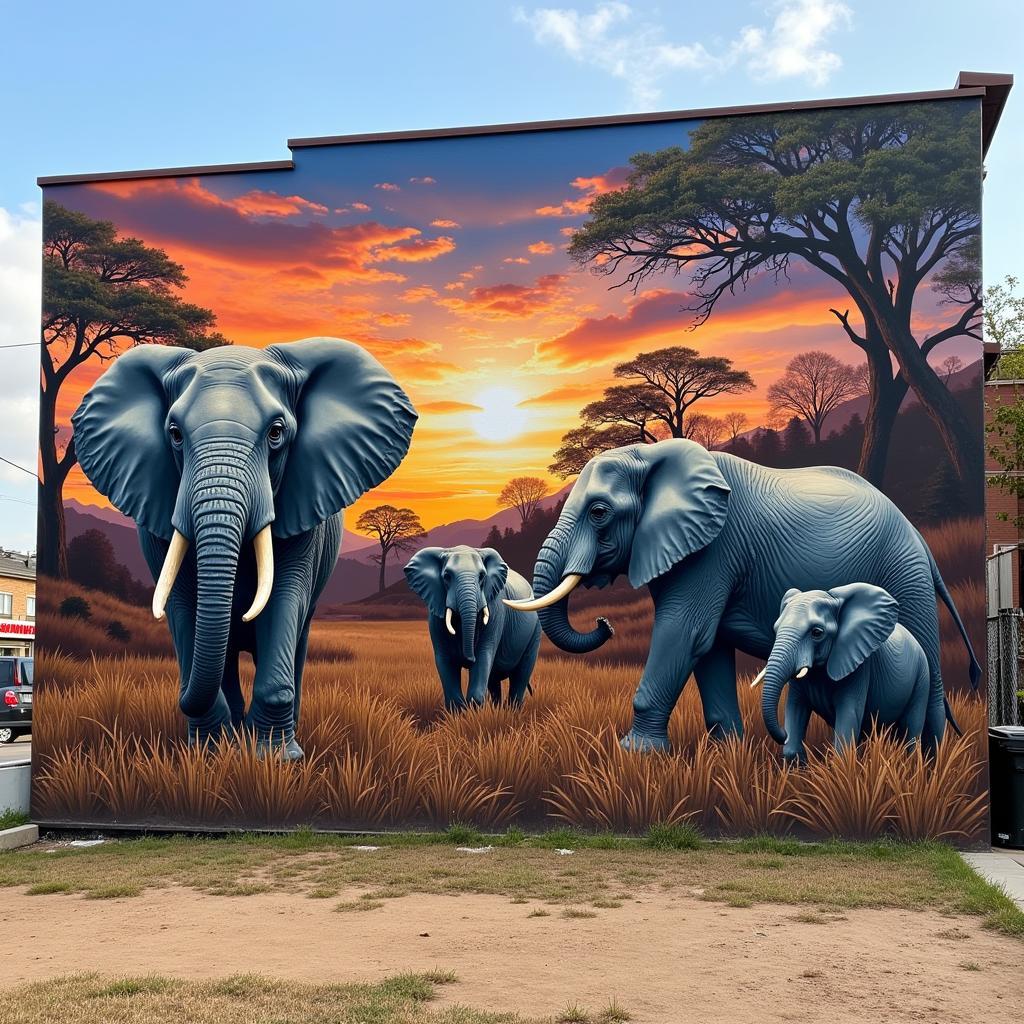 Tranh tường wildlife murals với hình ảnh voi Châu Phi