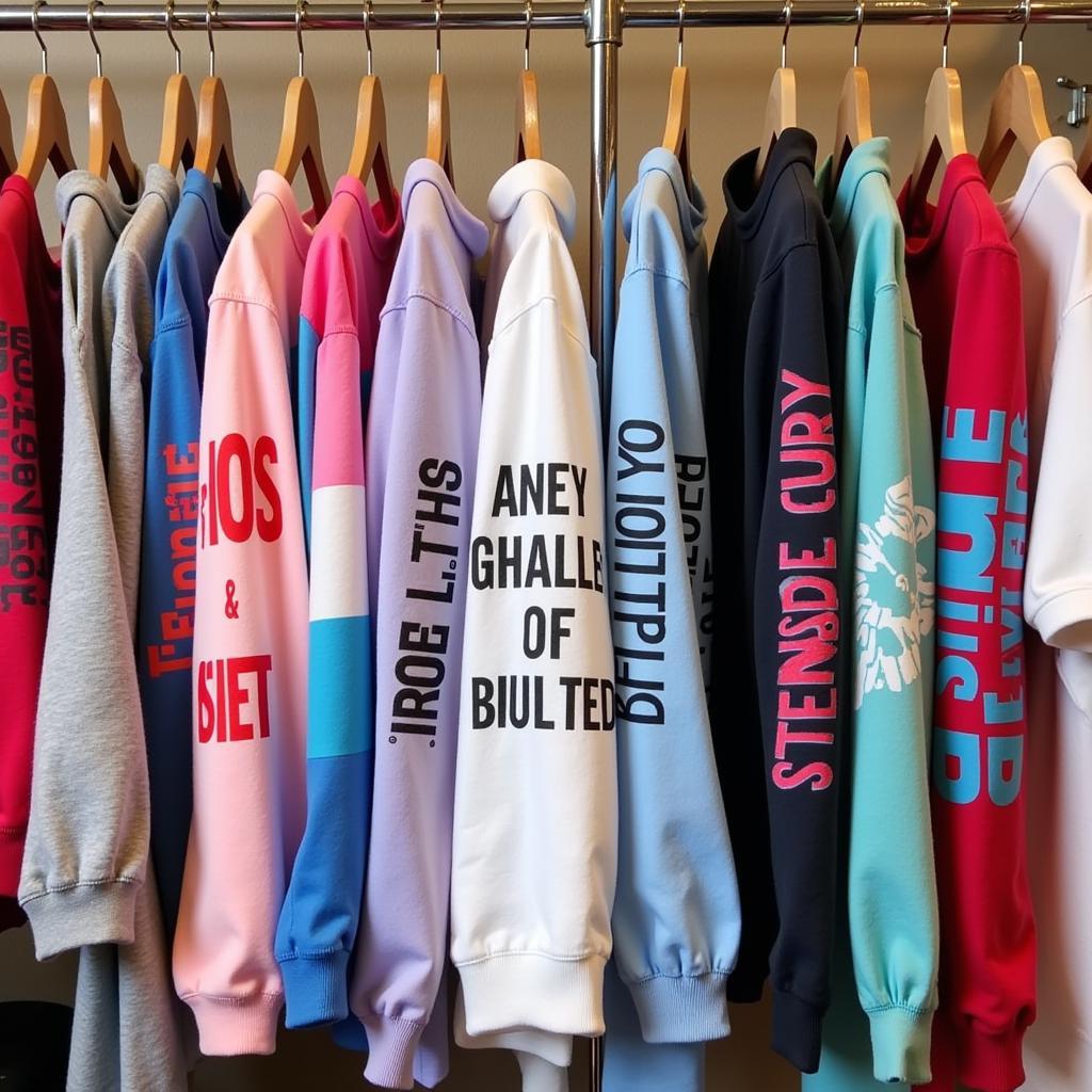 Various trans pride shirt designs displayed on a rack