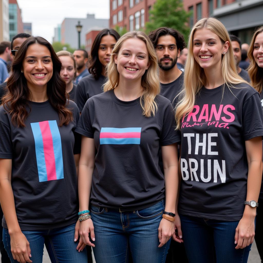 People wearing trans pride shirts at a rally