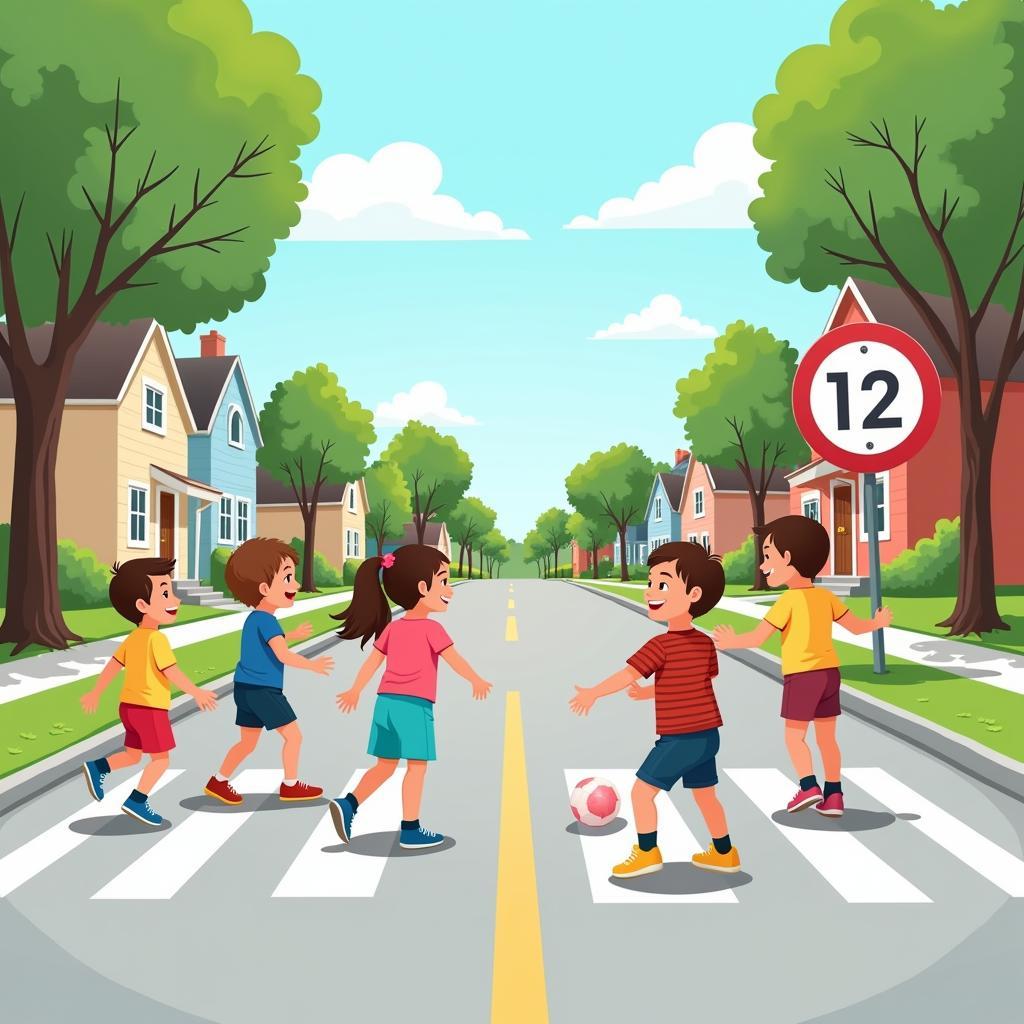 Children playing safely on a street with a slow speed limit.