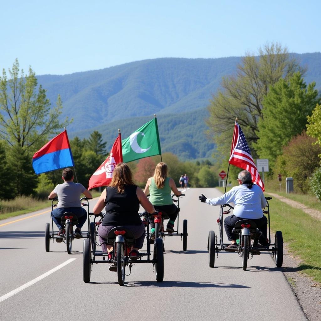 Trike flags waving in the wind as the trikes ride down the road.