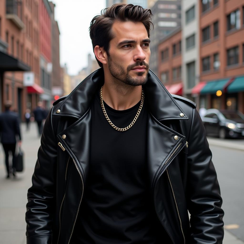 Tristan Tate in a Black Leather Coat