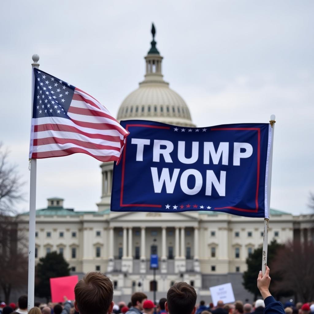 Trump Won flag waving in the wind with the US Capitol Building in the background