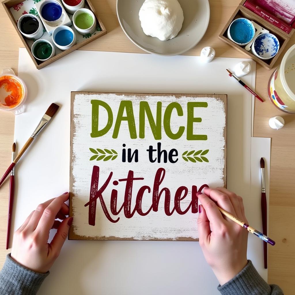 DIY Kitchen Dancing Sign: A close-up shot of hands painting a vibrant "Dance in the Kitchen" sign on a wooden plank.