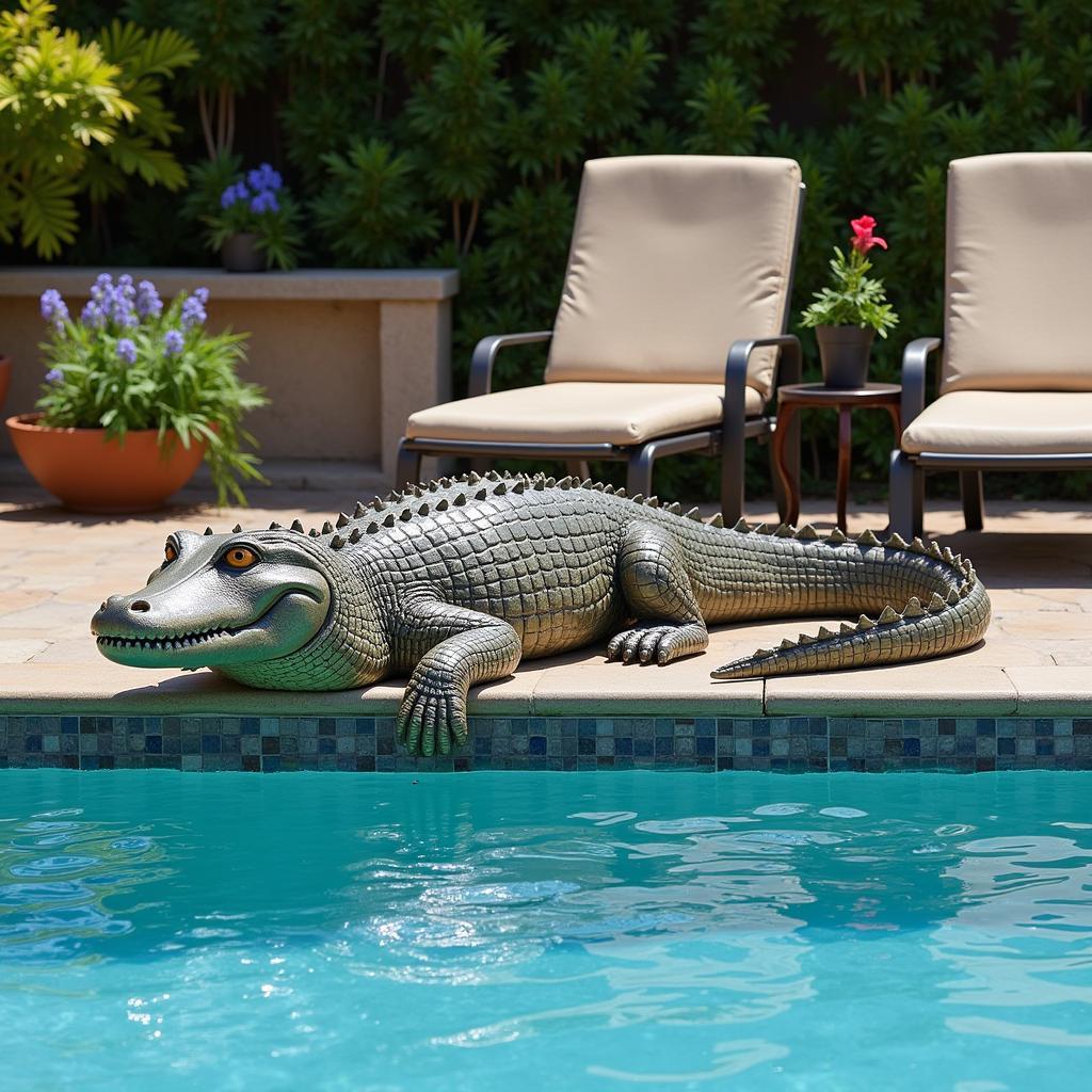 Outdoor alligator statue by the pool