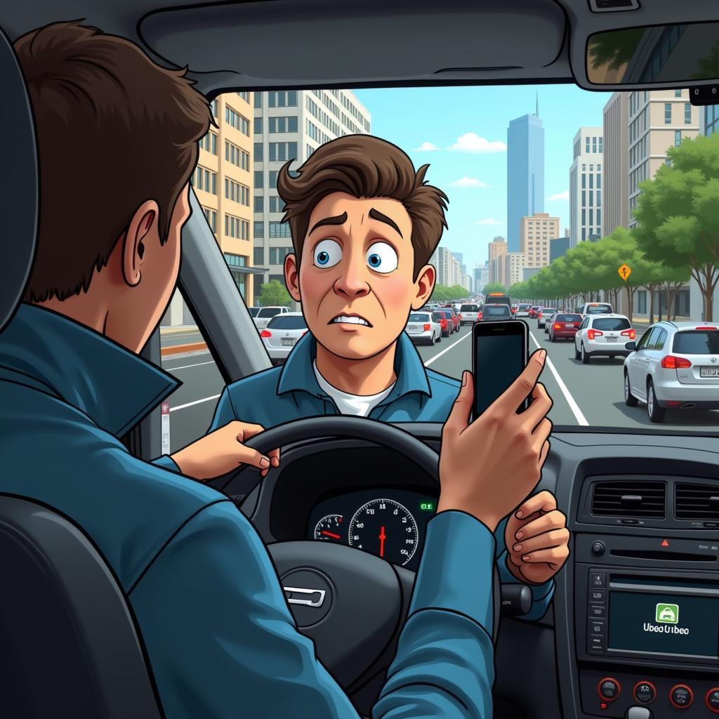 Uber driver looking confused at phone while lost in a busy city