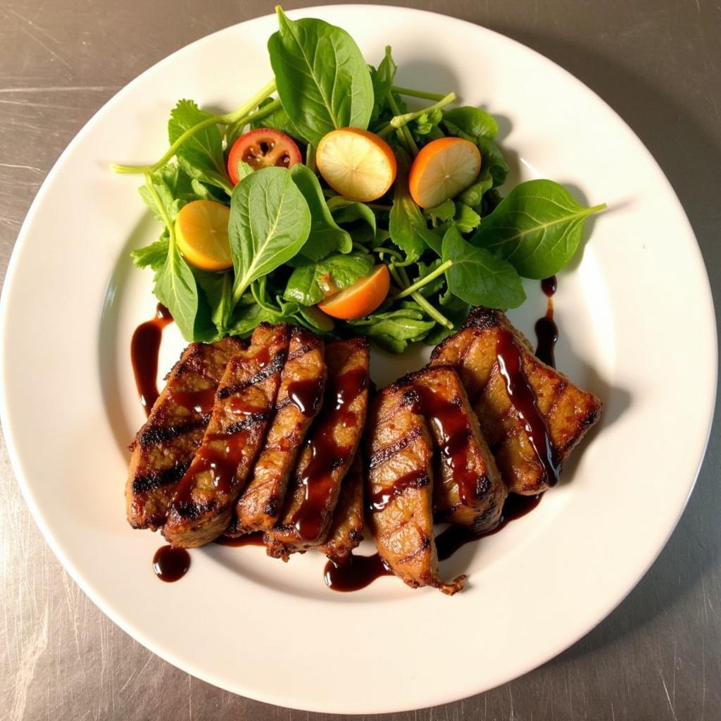 Chili balsamic glaze được rưới lên món salad rau củ và thịt nướng, tạo nên sự kết hợp hoàn hảo